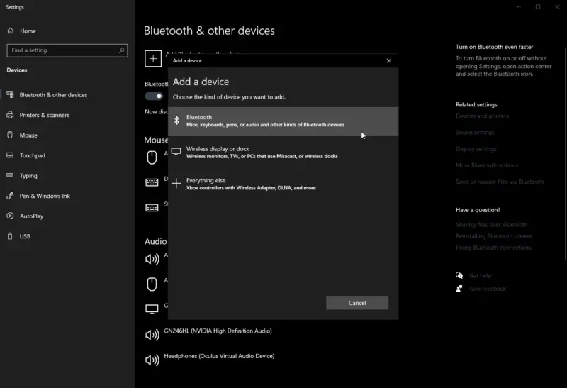 Bluetooth settings on windows 10