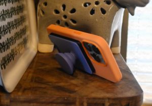 The Popsockets Wallet for MagSafe makes a surprisingly sturdy and easy to use iPhone stand. iPhone 13 Pro with a Magsafe Popsocket Wallet being used as a stand